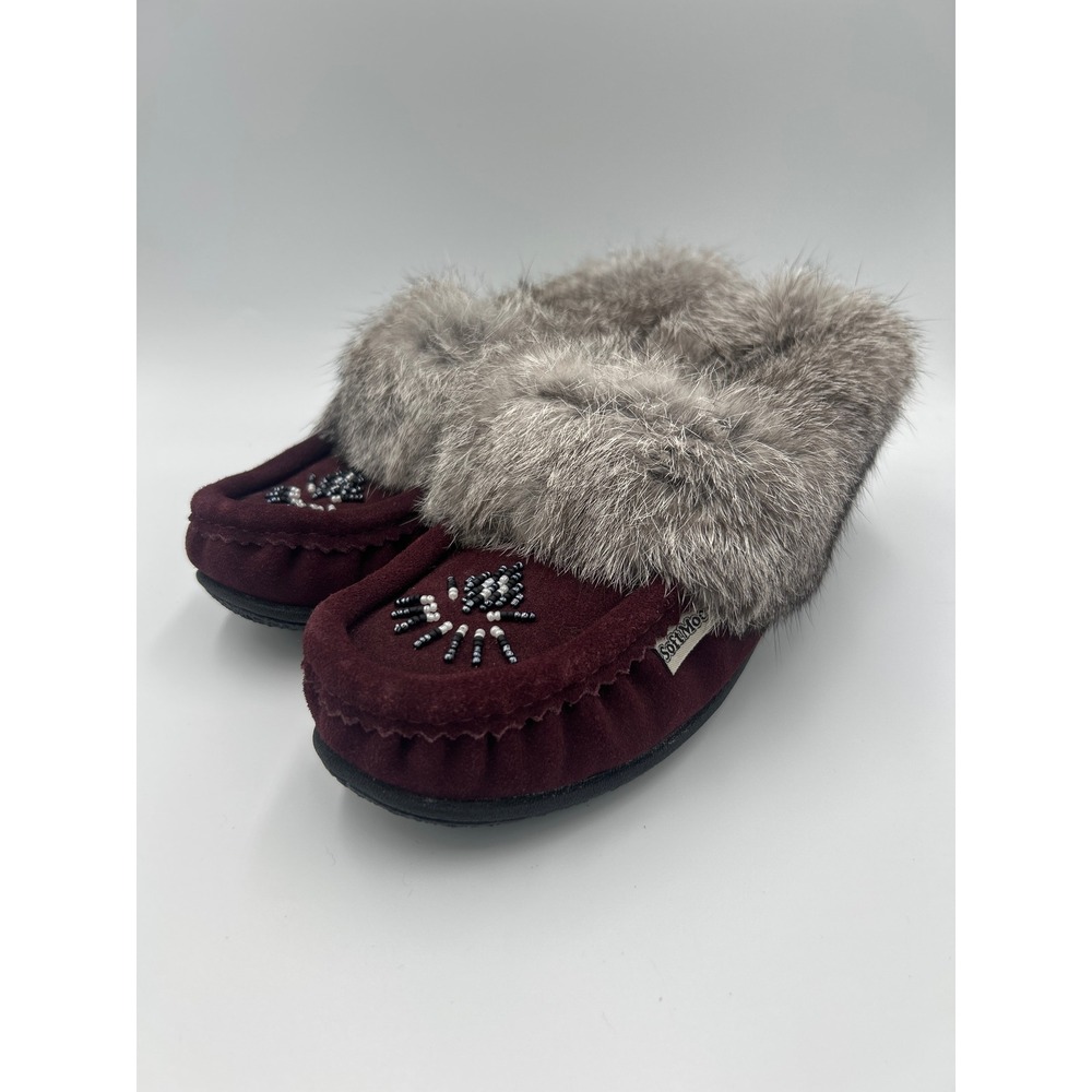 SoftMoc Burgundy Suede Rabbit Fur Beaded Moccasin Slippers Womens Size 8
